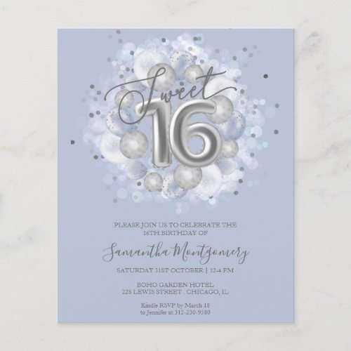 Silver Foil Sweet 16 Balloons Budget Invitation