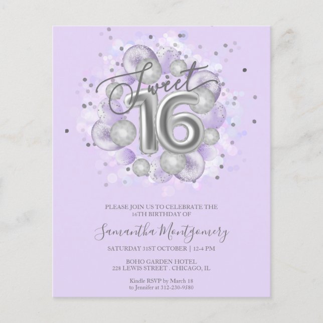 Silver Foil Sweet 16 Balloons Budget Invitation (Front)