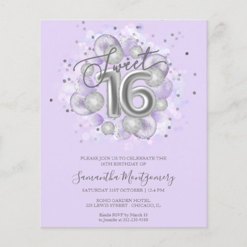 Silver Foil Sweet 16 Balloons Budget Invitation