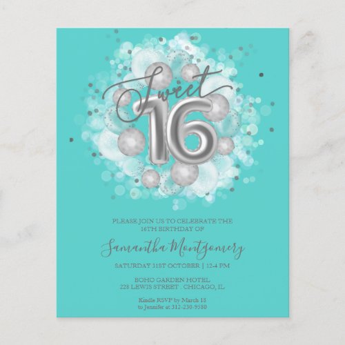 Silver Foil Sweet 16 Balloons Budget Invitation