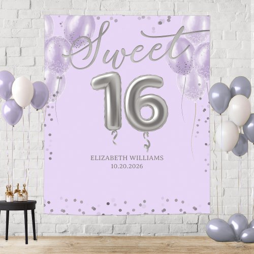 Silver Foil Sweet 16 Balloons Lavender Backdrop