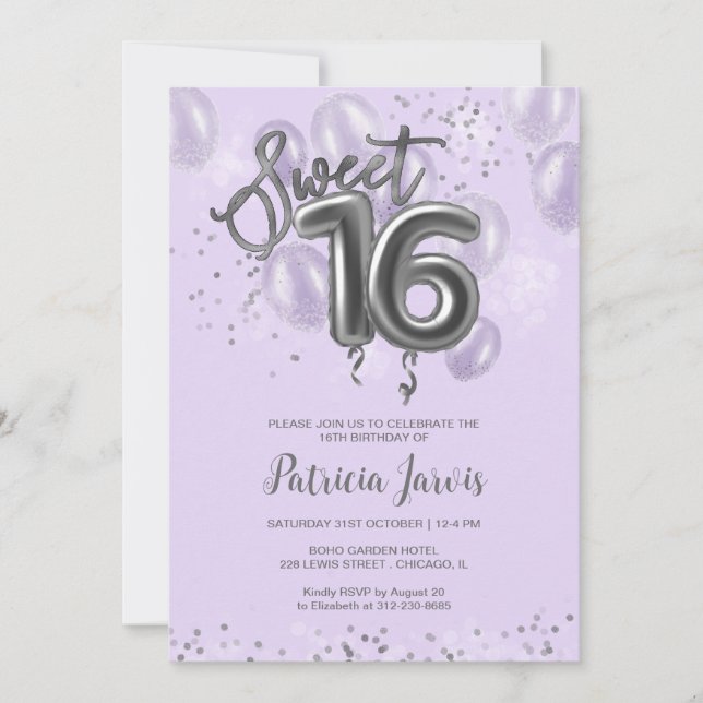 Silver Foil Sweet 16 Balloons Party Lavender Invitation (Front)