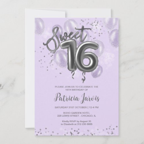 Silver Foil Sweet 16 Balloons Party Lavender Invitation