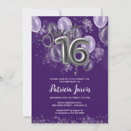 Silver Foil Sweet 16 Balloons Party Purple Invitation