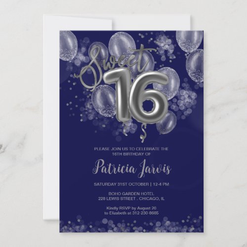 Silver Foil Sweet 16 Balloons Party Royal Blue Invitation