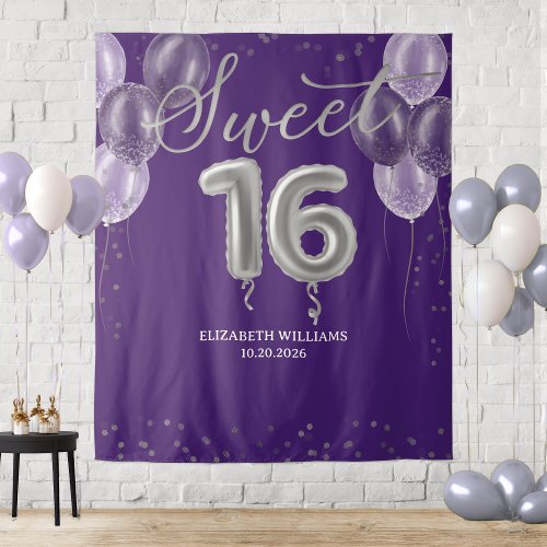 Silver Foil Sweet 16 Balloons Purple Backdrop