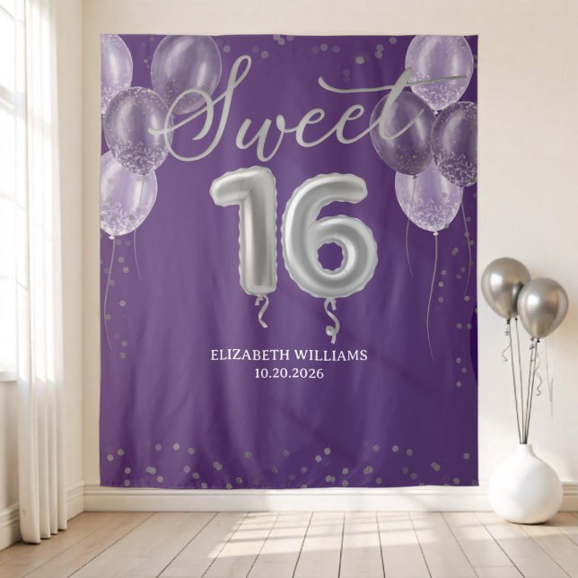 Silver Foil Sweet 16 Balloons Purple Backdrop (Creator Uploaded)