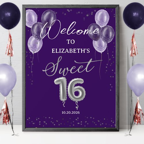 Silver Foil Sweet 16 Balloons Purple Welcome Sign