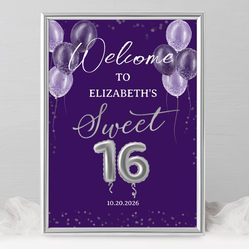 Silver Foil Sweet 16 Balloons Purple Welcome Sign 