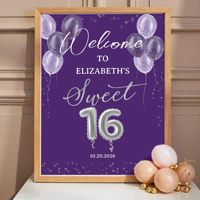 Silver Foil Sweet 16 Balloons Purple Welcome Sign  (Creator Uploaded)