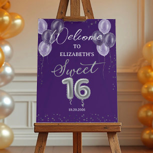 Silver Foil Sweet 16 Balloons Purple Welcome Sign