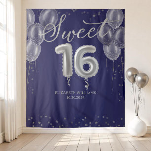 Silver Foil Sweet 16 Balloons Royal Blue Backdrop