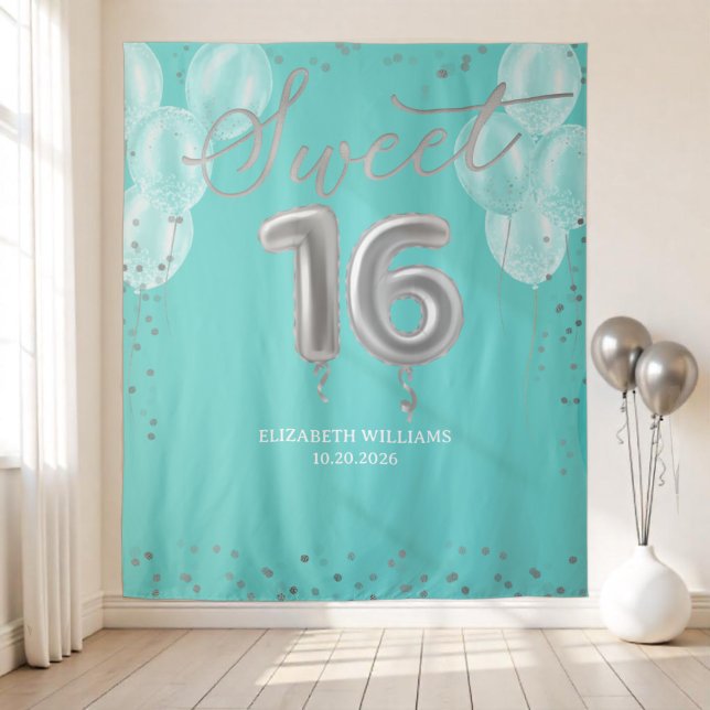 Silver Foil Sweet 16 Balloons Royal Teal Backdrop (Creator Uploaded)