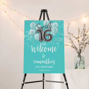 Silver Foil Sweet 16 Bda Balloon Teal Welcome Sign
