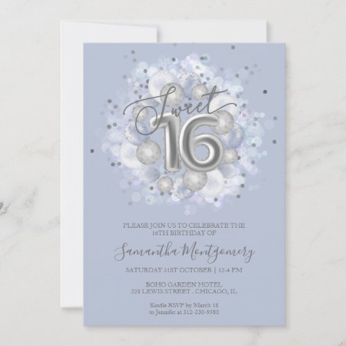 Silver Foil Sweet 16 Bday Balloons Dusty Blue Invitation