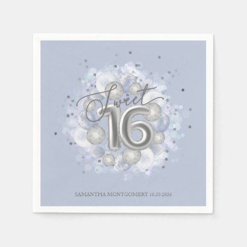 Silver Foil Sweet 16 Bday Balloons Dusty Blue Napkins