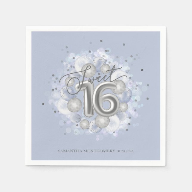 Silver Foil Sweet 16 Bday Balloons Dusty Blue Napkins (Front)