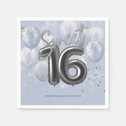  Silver Foil Sweet 16 Bday Balloons Dusty Blue Napkins