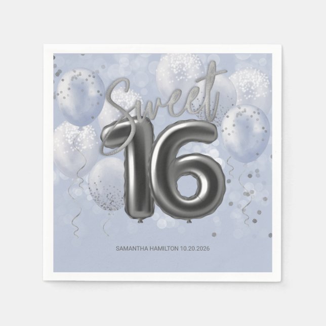  Silver Foil Sweet 16 Bday Balloons Dusty Blue Napkins (Front)