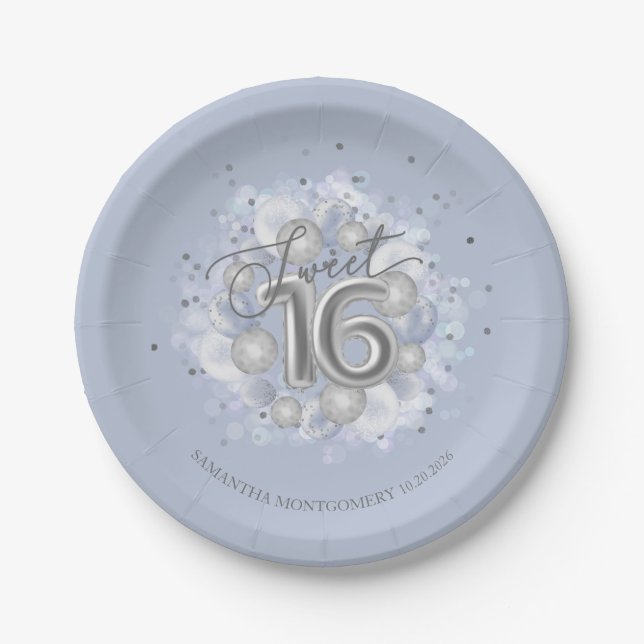 Silver Foil Sweet 16 Bday Balloons Dusty Blue Paper Plates (Front)