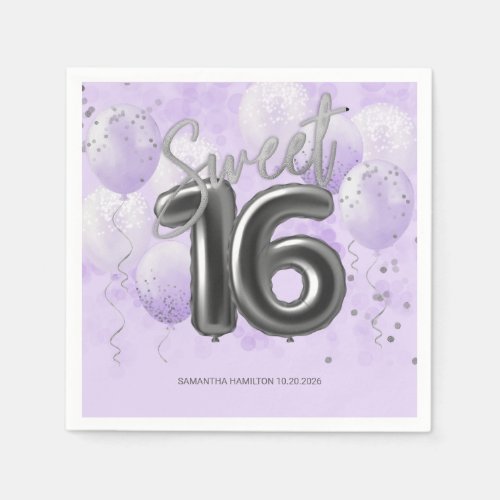  Silver Foil Sweet 16 Bday Balloons Lavender Napki Napkins