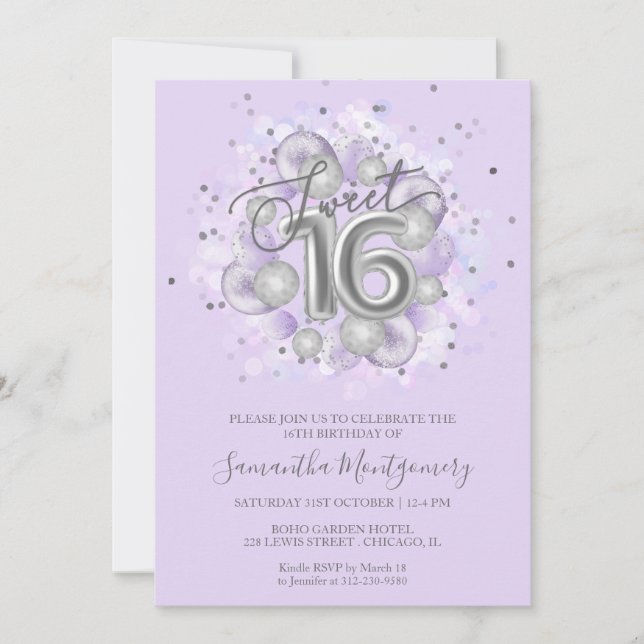 Silver Foil Sweet 16 Bday Balloons Party Lavender Invitation (Front)