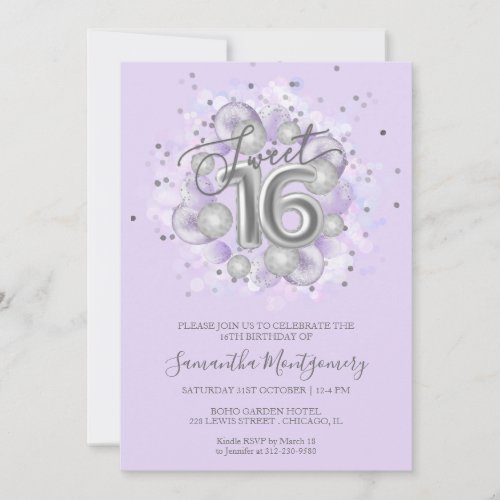 Silver Foil Sweet 16 Bday Balloons Party Lavender Invitation