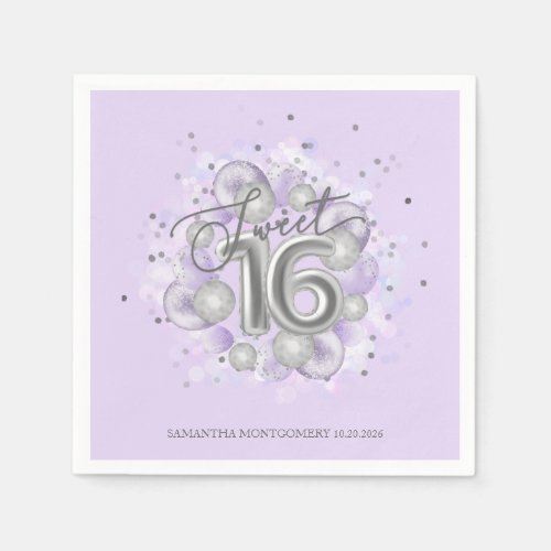 Silver Foil Sweet 16 Bday Balloons Party Lavender Napkins