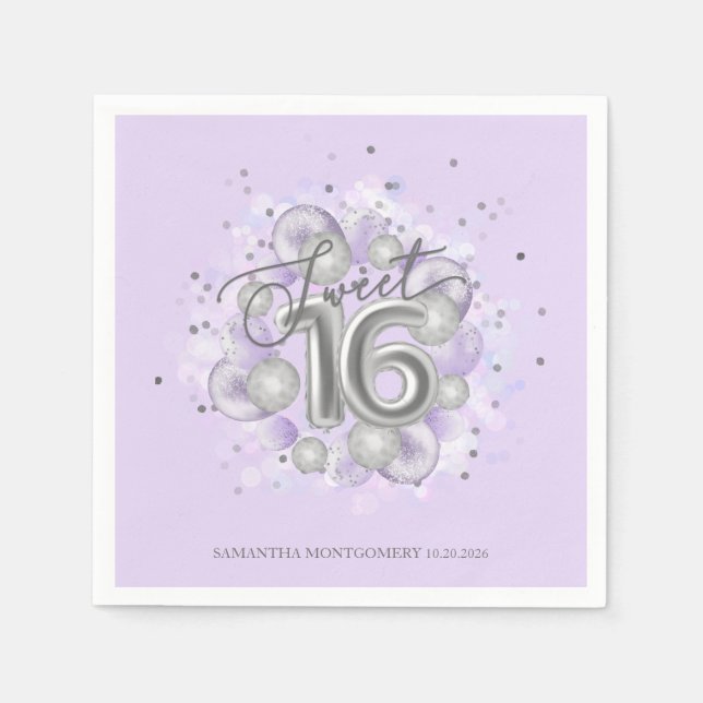 Silver Foil Sweet 16 Bday Balloons Party Lavender Napkins (Front)