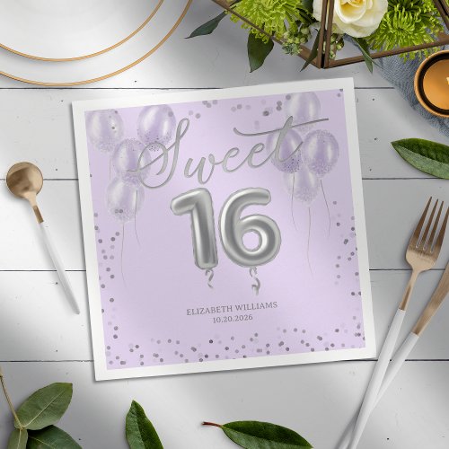 Silver Foil Sweet 16 Bday Balloons Party Lavender  Napkins