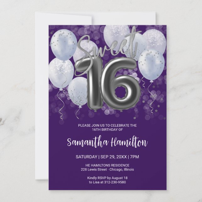 Silver Foil Sweet 16 Bday Balloons Party Purple Invitation (Front)