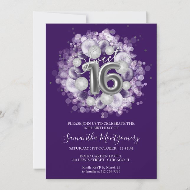 Silver Foil Sweet 16 Bday Balloons Party Purple Invitation (Front)