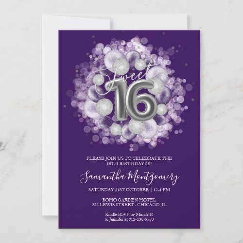 Silver Foil Sweet 16 Bday Balloons Party Purple Invitation