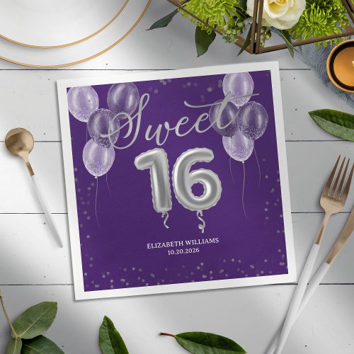 Silver Foil Sweet 16 Bday Balloons Party Purple Na Napkins