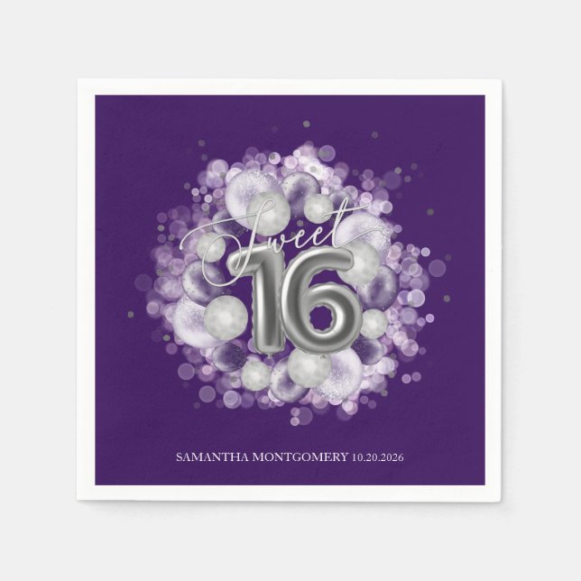 Silver Foil Sweet 16 Bday Balloons Party Purple Napkins (Front)