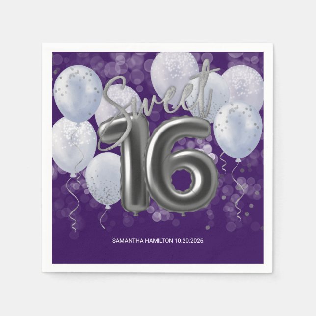  Silver Foil Sweet 16 Bday Balloons Party Purple Napkins (Front)