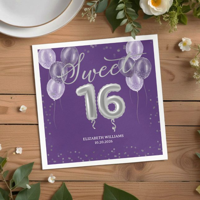 Silver Foil Sweet 16 Bday Balloons Party Purple Napkins (Creator Uploaded)
