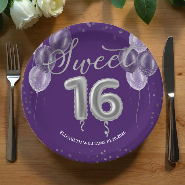  Silver Foil Sweet 16 Bday Balloons Party Purple Paper Plates (Creator Uploaded)