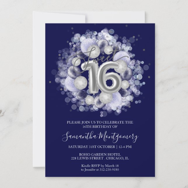Silver Foil Sweet 16 Bday Balloons Royal Blue Invitation (Front)