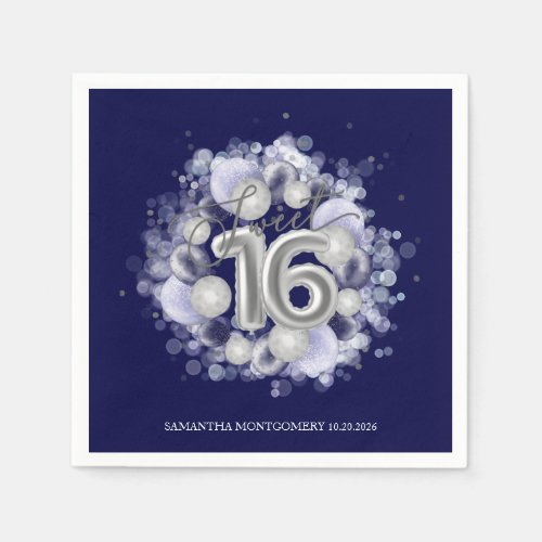 Silver Foil Sweet 16 Bday Balloons Royal Blue Napkins