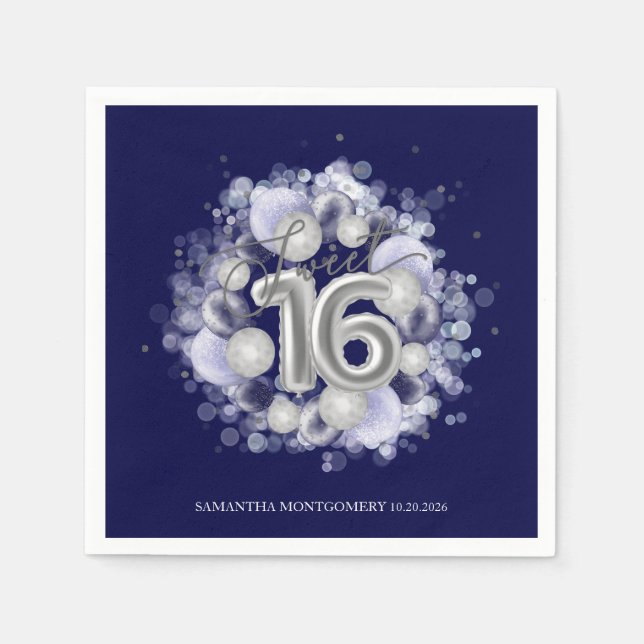 Silver Foil Sweet 16 Bday Balloons Royal Blue Napkins (Front)