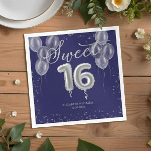 Silver Foil Sweet 16 Bday Balloons Royal Blue Napkins