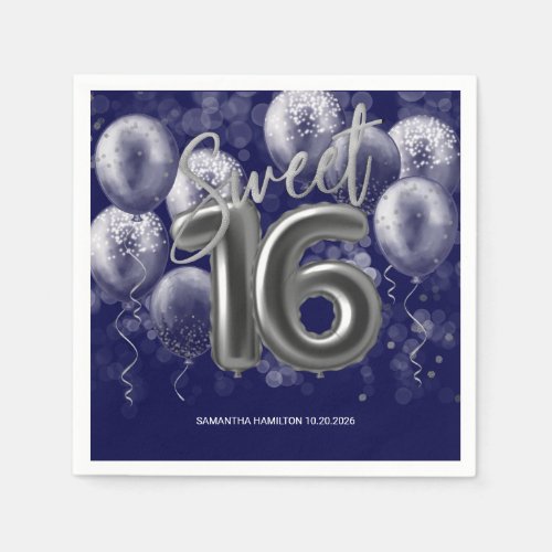 Silver Foil Sweet 16 Bday Balloons Royal Blue Napkins