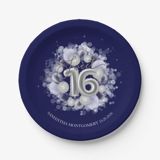 Silver Foil Sweet 16 Bday Balloons Royal Blue Paper Plates (Front)