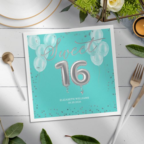 Silver Foil Sweet 16 Bday Balloons Royal Teal Napk Napkins