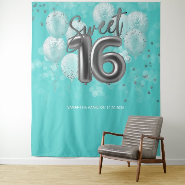 Silver Foil Sweet 16 Bday Balloons Teal Backdrop (In Situ)