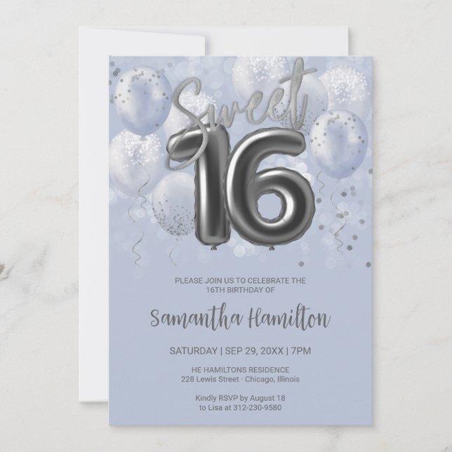 Silver Foil Sweet 16 Birthday Balloons Dusty Blue Invitation (Front)