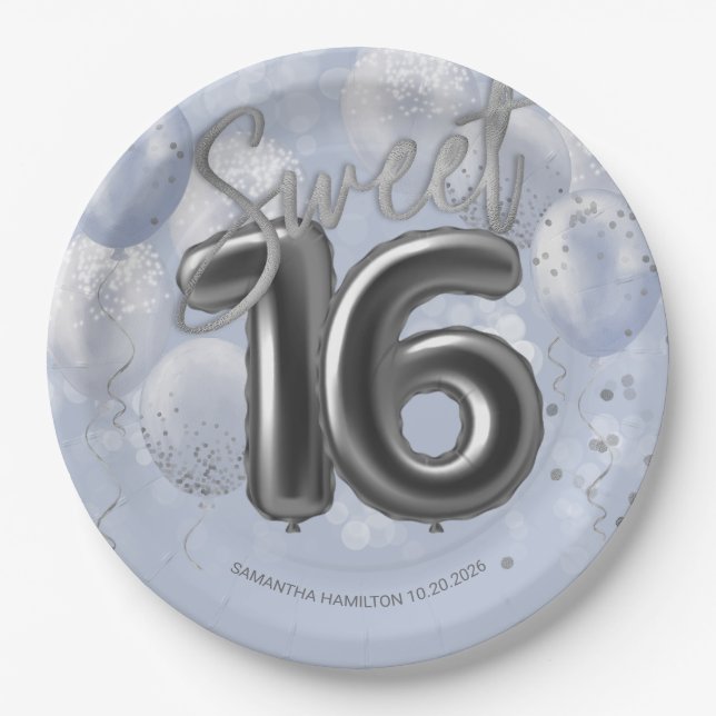 Silver Foil Sweet 16 Birthday Balloons Dusty Blue Paper Plates (Front)