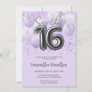 Silver Foil Sweet 16 Birthday Balloons Lavender Invitation