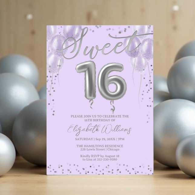 Silver Foil Sweet 16 Birthday Balloons Lavender Invitation (Creator Uploaded)